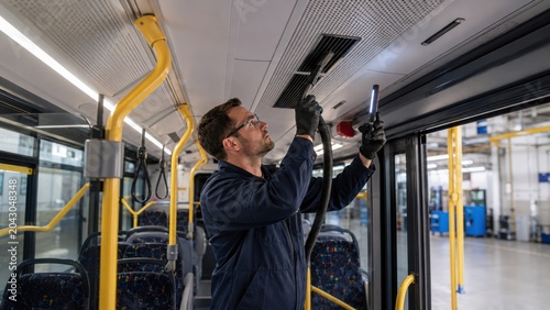 Worker cleans and maintains the interior of a public bus at a maintenance facility during the daytime to ensure safety and hygiene for passengers
