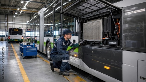 Busy technician repairs electric bus in workshop during daytime with tools organized around