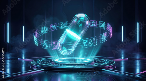 Futuristic digital healthcare capsule with floating medical data interface, advanced health technology concept showcasing innovation, smart diagnostics, biotechnology and future medicine