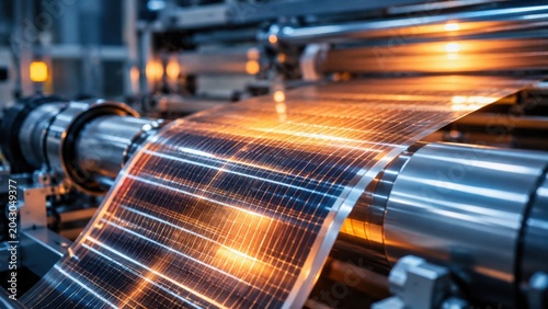 Creating solar panels in a manufacturing facility during the daytime with machines processing solar cells at workstations