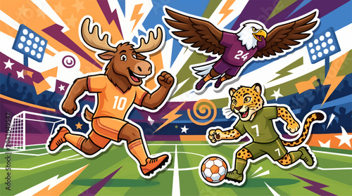 Cartoon Animals Play Soccer on Field with Stadium Lights and Crowd, Moose, Eagle, and Leopard Competing in Vibrant Sports Illustration