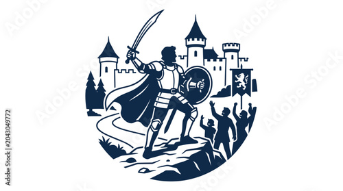 Quadro su tela Brave Knight Defender, Castle Fortress, Warrior Hero, Medieval Battle Scene