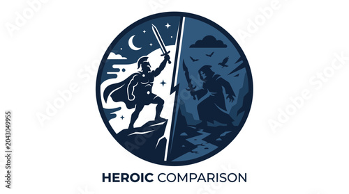 Konstfotografi Heroic Comparison: Warrior vs Shadowy Figure in Circular Emblem