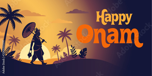 Canvastavla A silhouette of King Mahabali walking with an umbrella at sunset