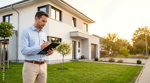 Professional male real estate agent inspecting a modern residential property exterior holding a clipboard while reviewing listing details during golden hour sunset.