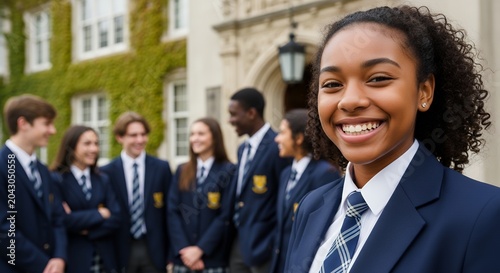 Smiling teenage girl in school uniform with friends in background