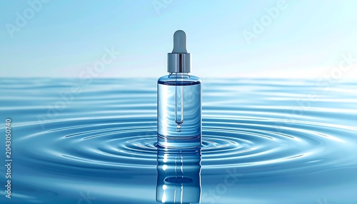 Cosmetic dropper bottle standing in clear blue water with circular ripples and clean studio background