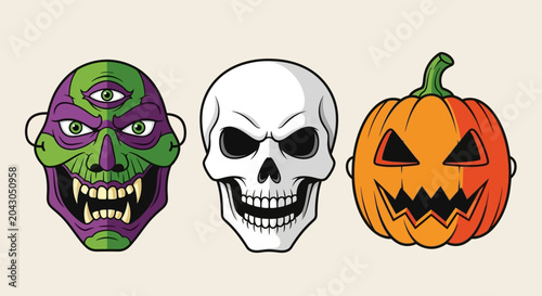 Billede på lærred Halloween Spooky Masks and Pumpkin Illustration.