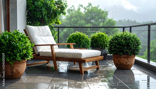 Wooden sun lounger with white cushions on a wet outdoor terrace during a fresh summer rain