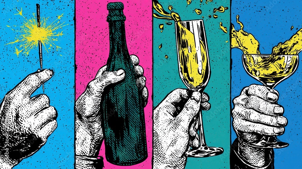 Obraz premium Bright segmented four-panel vertical graphic with halftone black-white hands, each holding sparkler, champagne bottle, flute and coupe cup with spilling drink