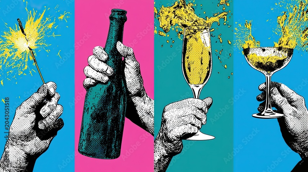 Fototapeta premium Bright segmented four-panel vertical graphic with halftone black-white hands, each holding sparkler, champagne bottle, flute and coupe cup with spilling drink