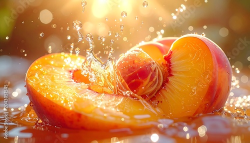 Extreme close-up of a ripe peach cut in half with a stone in a splash of fresh water and bright summer sunshine