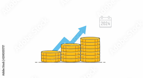Stacks of gold coins increase in size next to a blue arrow and a calendar for 2024