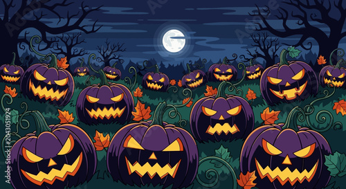 Konstfotografi Spooky Halloween Pumpkins with Glowing Faces in a Dark Field.