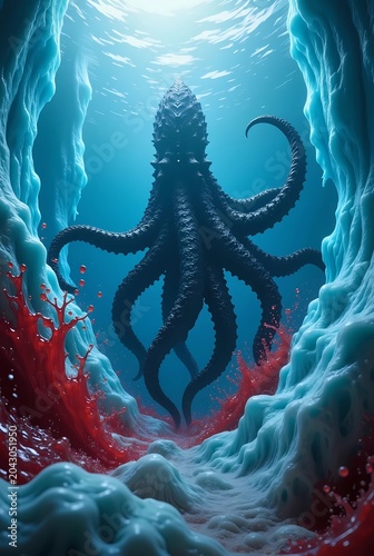 Giant Black Kraken in Deep Underwater Ice Cavern with Red Blood Splashes