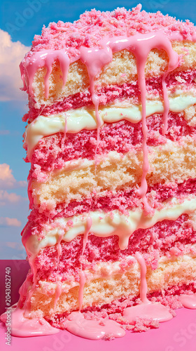 Layered Pink Cake Slice with Sky Background