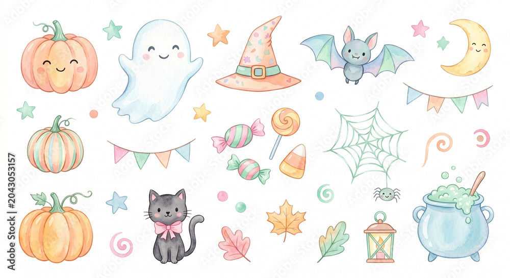 Obraz premium ハロウィン子供クリップアートセット 水彩イラスト