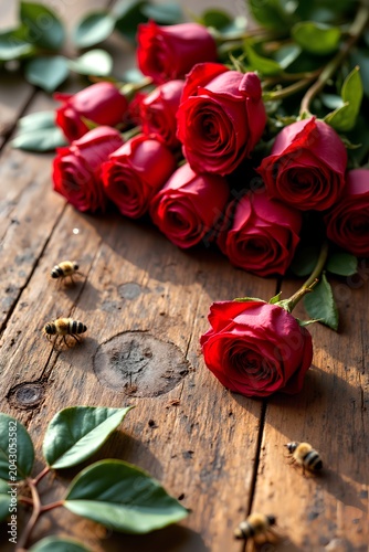 bouquet of red roses on wooden background
