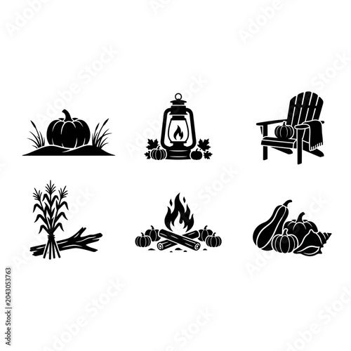 Photos 6 Fall silhouette icons, autumn solid black style, thanksgiving decoration set,