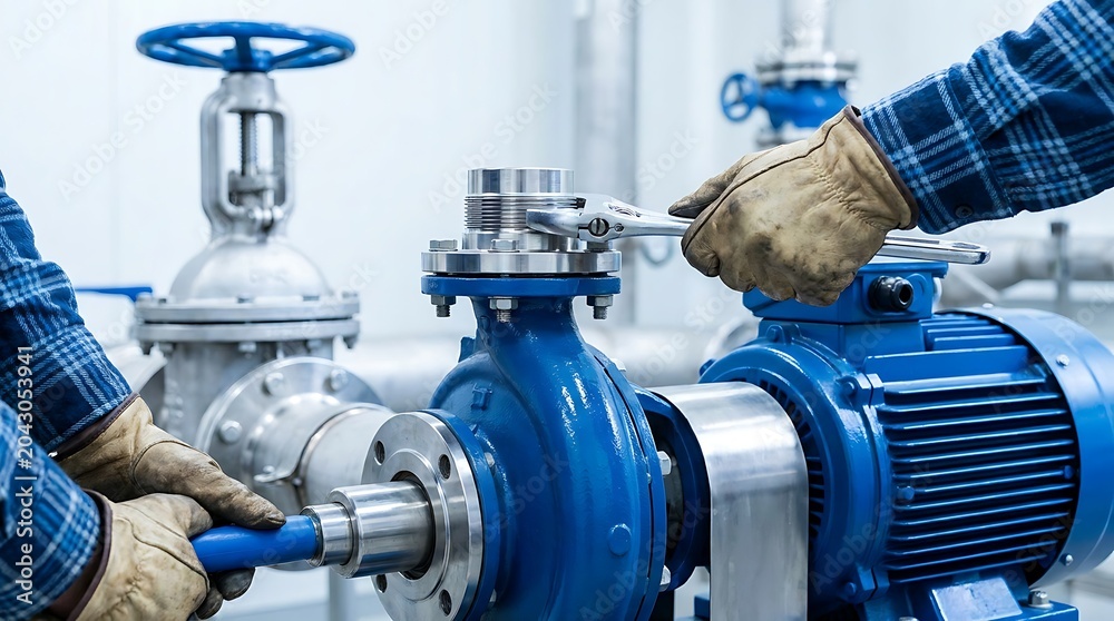 Obraz premium Industrial worker wearing protective gloves using heavy metal wrench to tighten pump flange bolts while performing regular maintenance on pipeline water system.