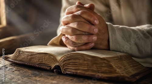 Hands praying on open leather book