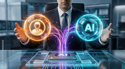 Business leader leveraging artificial intelligence and cybersecurity technologies through holographic digital interface, showcasing AI innovation, data protection and enterprise transformation