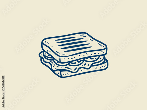 A charming, minimalist doodle of a toasted sandwich filled with ingredients. Ideal for representing quick meals, comfort food, or cafe signage.