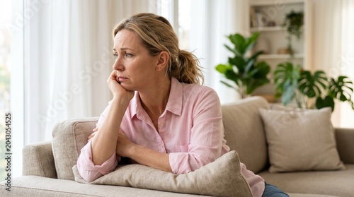 Sad and Pensive Mid Adult Woman Leaning on Sofa Cushion at Home Lost in Thought