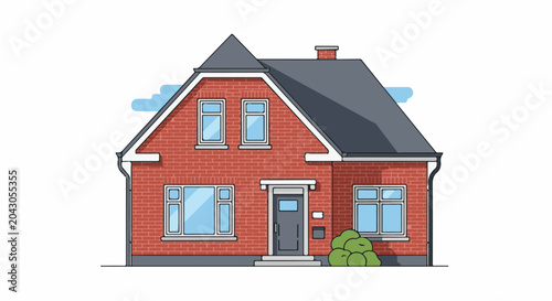 Red brick house with dark roof, grey door, and green bushes