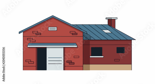 Red brick building with blue roof, garage door, and chimney