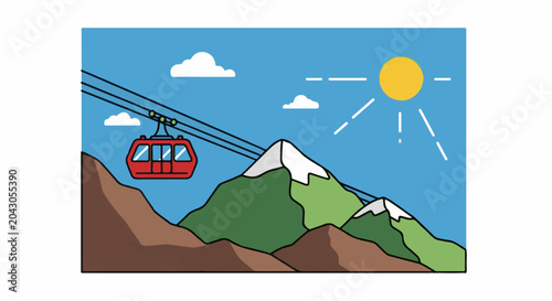 Red cable car ascends green, snow-capped mountains under a bright sun