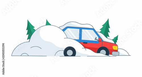 Red car buried in snowdrifts with evergreen trees in background, winter scene