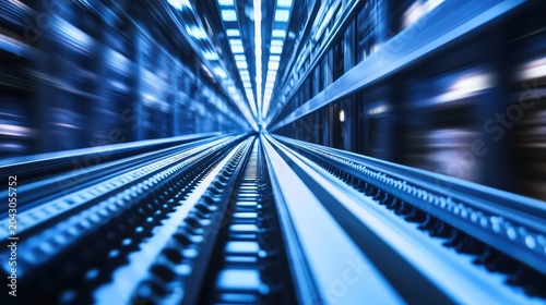 High speed server rack with motion blur, symbolizing rapid data processing, digital information flow, and advanced connectivity within a modern data center environment