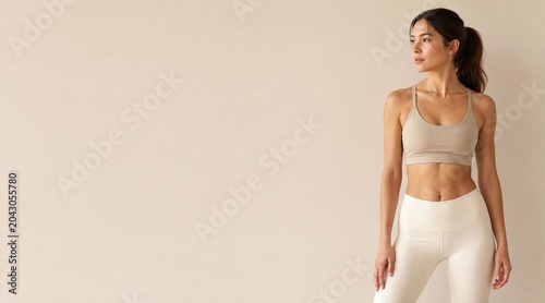 Slim woman in yoga attire with copy space