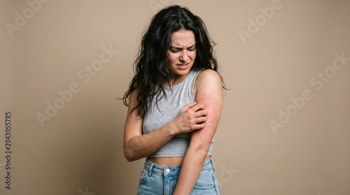 Young woman scratching her itchy arm skin irritation on a neutral background with scratching irritation dermatology