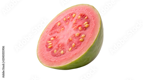 Tableau sur toile Fresh ripe pink guava fruit cut slice half showing seeds inside on transparent b