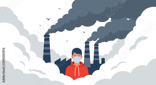 Environmental concept illustration shows a person wearing a medical mask amidst heavy smoke billowing from tall factory chimneys.