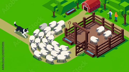 Fotografie Sheep herding on a farm with dog.