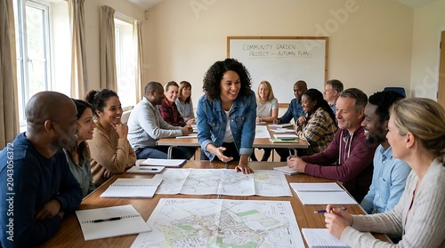 Energetic woman leads community garden project discussion around a large table covered in maps and plans.