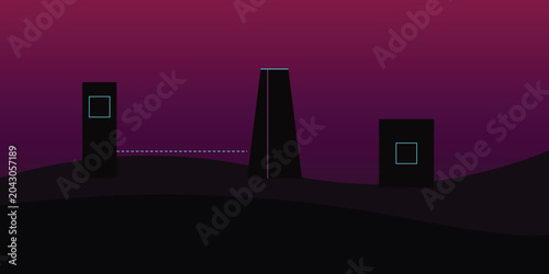 Tablou pe pânză Landscape of alien planet with monolithic structures and cyan glowing lines at purple dusk
