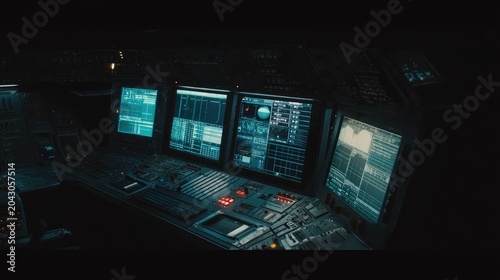 Futuristic mission control room offering a sophisticated system interface with multiple digital display screens showing critical data, illustrating advanced technology and complex operations