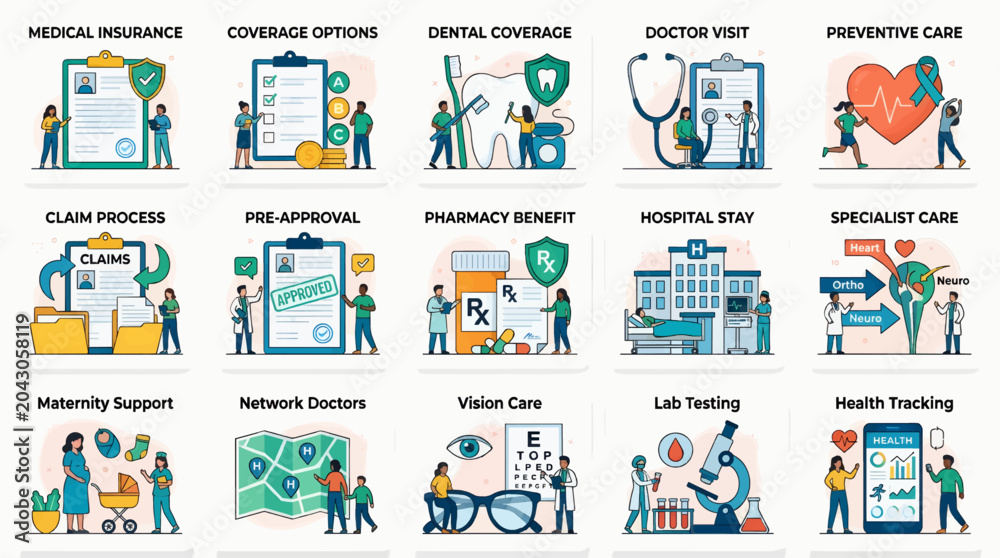 Fototapeta premium Set of fifteen flat vector illustrations depicting medical insurance, dental coverage, doctor visit, preventive care, claim process, pre-approval, pharmacy benefit, hospital stay, specialist care