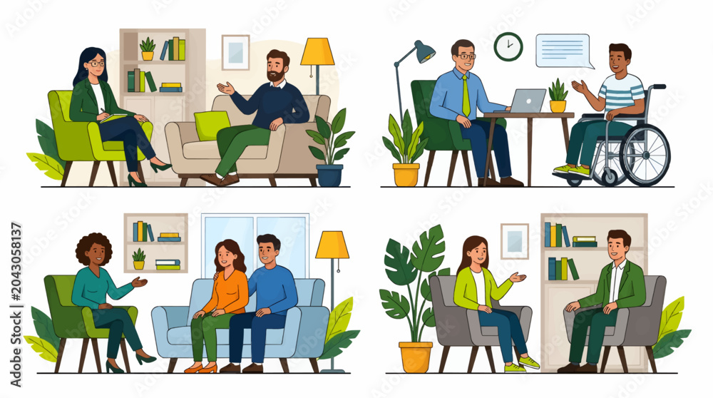 Fototapeta premium Flat Vector Illustration Set of Four Psychologist Sessions, Diverse People in Therapy, Including Couple and Wheelchair User, with Copy Space