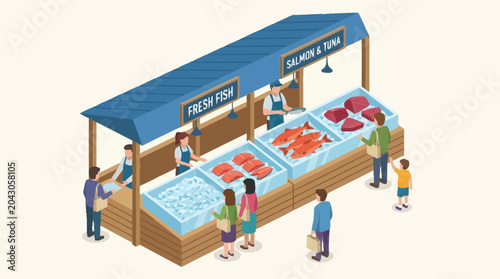 Bild auf Leinwand people shopping at a fish market.
