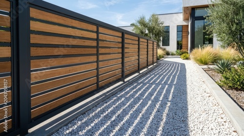 Modern house exterior with horizontal wood slat fence and metal frame. Stylish pathway with white gravel and landscaping. Contemporary residential architecture and garden design concept.