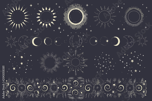 Foto Celestial Bodies And Lunar Phases Hand drawn Vector Illustration Collection