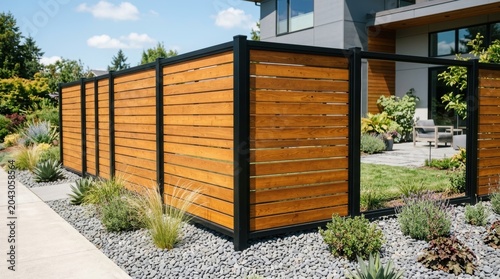 Modern horizontal wood fence in residential backyard. Contemporary garden design with wooden picket panels and black metal frame. Landscaping architecture for privacy and property screen.