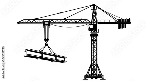 Tableau sur toile Construction Crane Lifting Steel Beam on White Background.