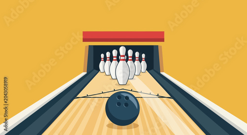 Fotografie Bowling Alley Lane with Ball and Pins Illustration
