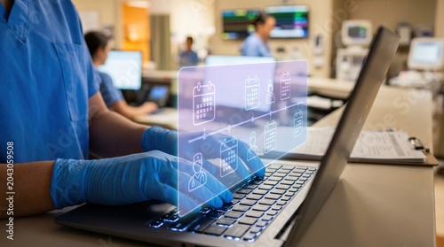 Medical Scheduling and Healthcare Technology Concept: Nurse Operating Laptop with Holographic Digital Timeline and Staff Icons in Clinic